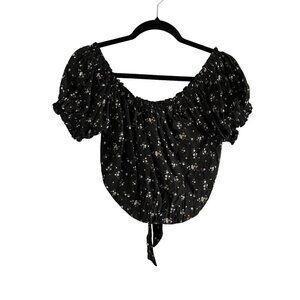 American Eagle Women SZ XS Black Floral Short Sleeve Tie Back Cropped Top NWT